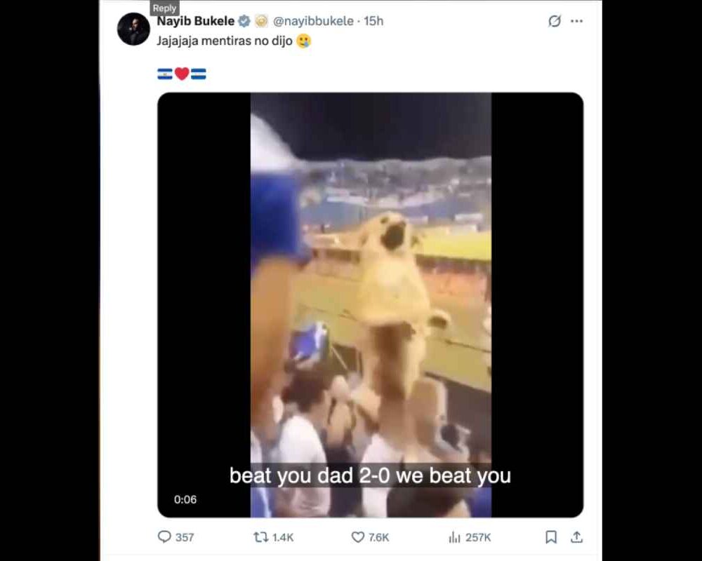 El presidente Nayib Bukele reacciona con humor a la derrota de la selección salvadoreña ante Honduras: "Jajajaja mentiras no dijo 🥲'.