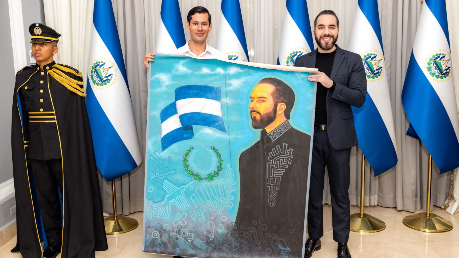 Guillermo Checa entrega a Nayib Bukele una obra del artista Praxedes Neira. Imagen cortesía de Casa Presidencial de El Salvador.