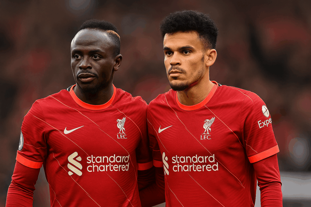 Sadio Mané y Luis Díaz en el Liverpool, en medio de memes por el posible fichaje de Díaz al Bayern. Foto: IA. Créditos: @sadiomaneofficiel / @luisdiaz19_