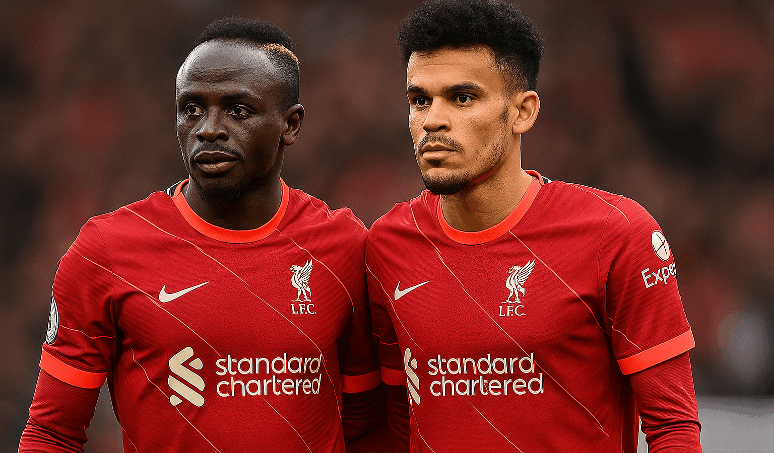 Sadio Mané y Luis Díaz en el Liverpool, en medio de memes por el posible fichaje de Díaz al Bayern. Foto: IA. Créditos: @sadiomaneofficiel / @luisdiaz19_