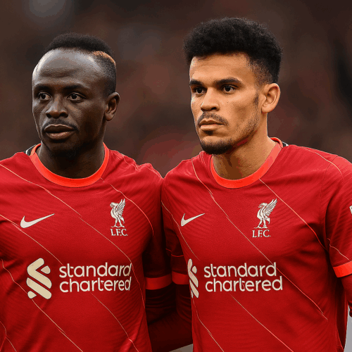 Sadio Mané y Luis Díaz en el Liverpool, en medio de memes por el posible fichaje de Díaz al Bayern. Foto: IA. Créditos: @sadiomaneofficiel / @luisdiaz19_