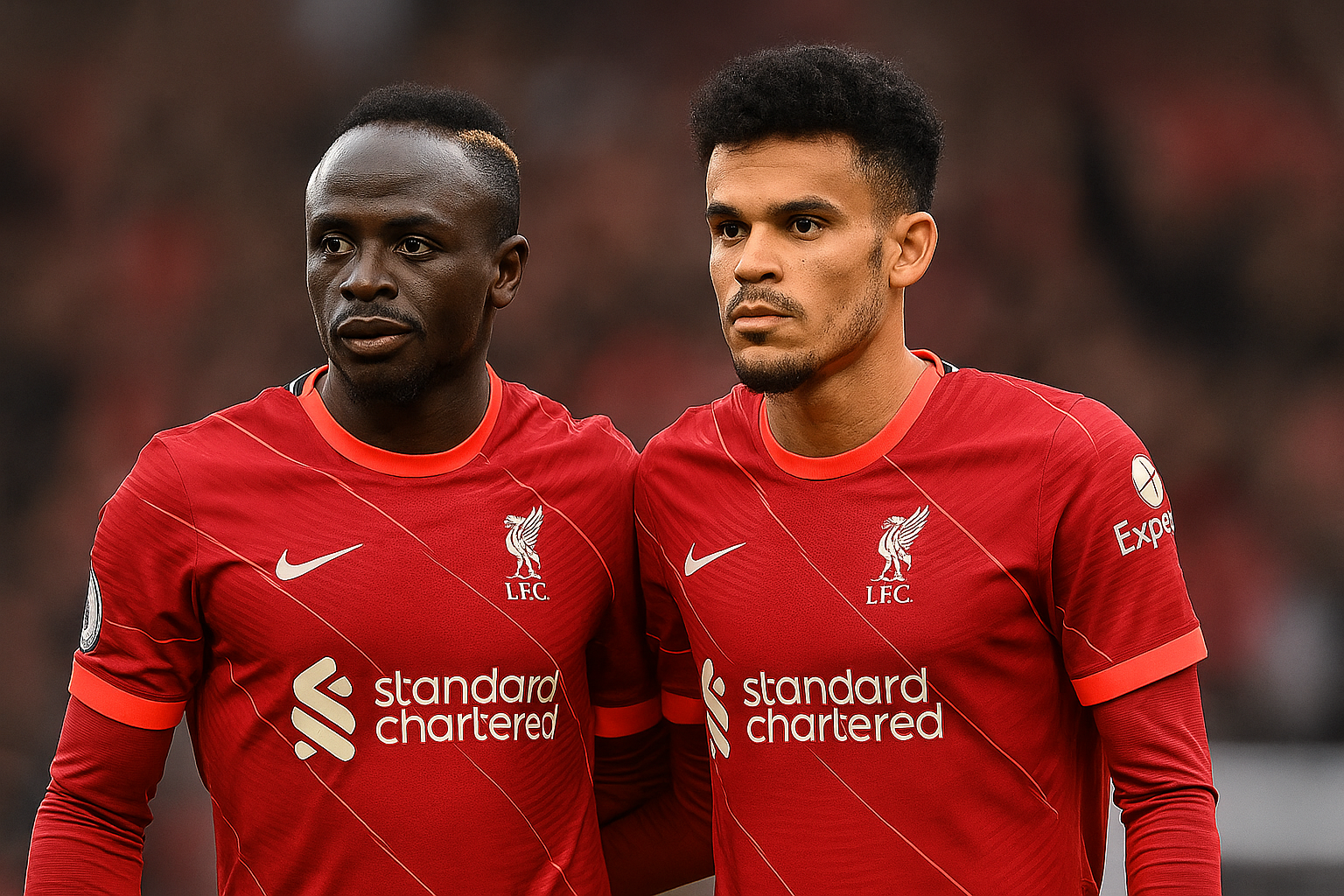 Sadio Mané y Luis Díaz en el Liverpool, en medio de memes por el posible fichaje de Díaz al Bayern. Foto: IA. Créditos: @sadiomaneofficiel / @luisdiaz19_