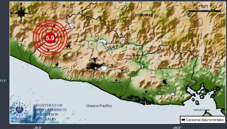 Mapa de ubicación revisado del sismo de magnitud 5.9 con epicentro en Guatemala, según el MARN. Foto: MARN
