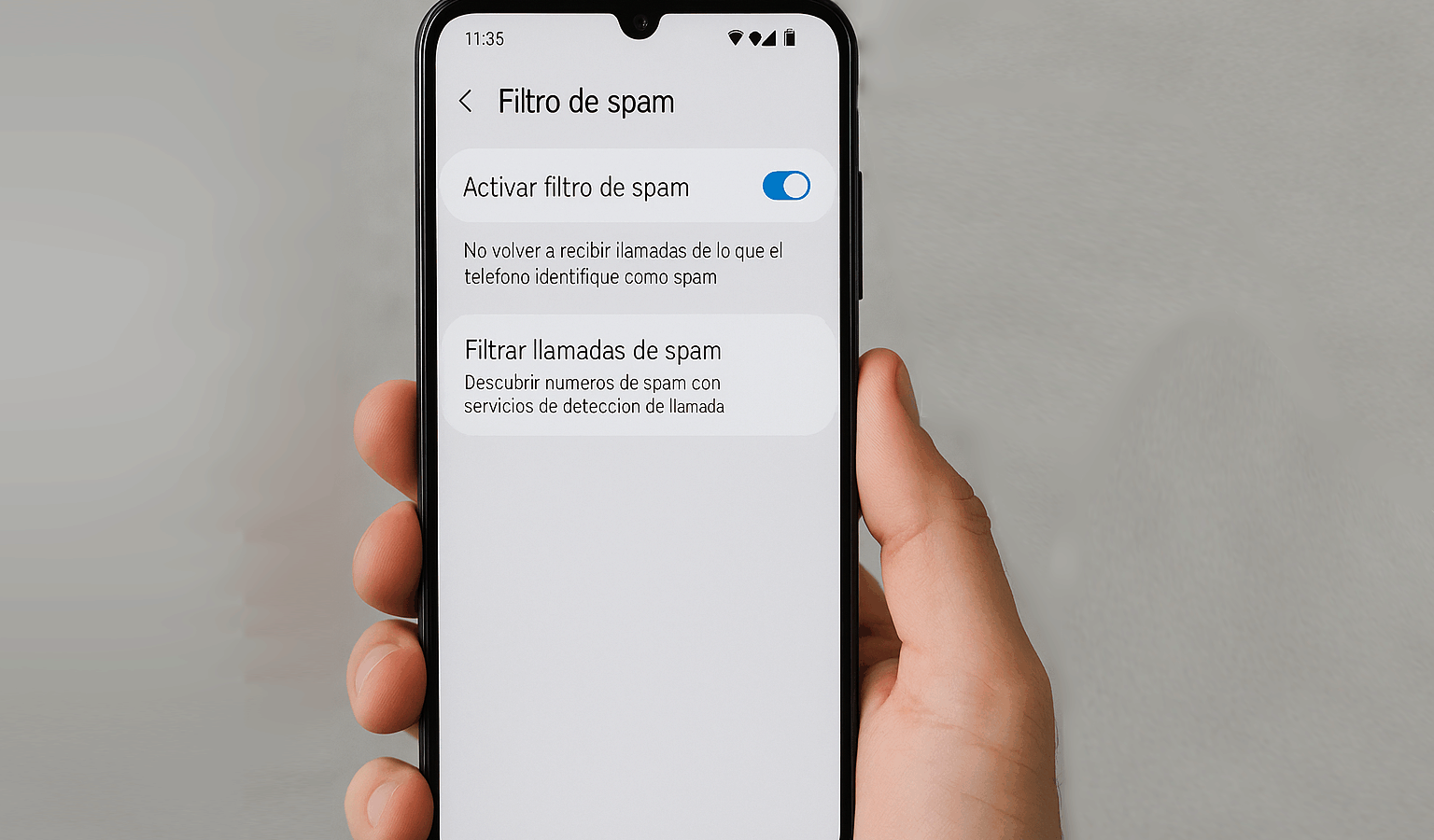 Teléfono móvil mostrando la configuración para activar el filtro de spam. Foto: Guía de Seguridad Móvil