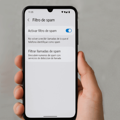 Teléfono móvil mostrando la configuración para activar el filtro de spam. Foto: Guía de Seguridad Móvil