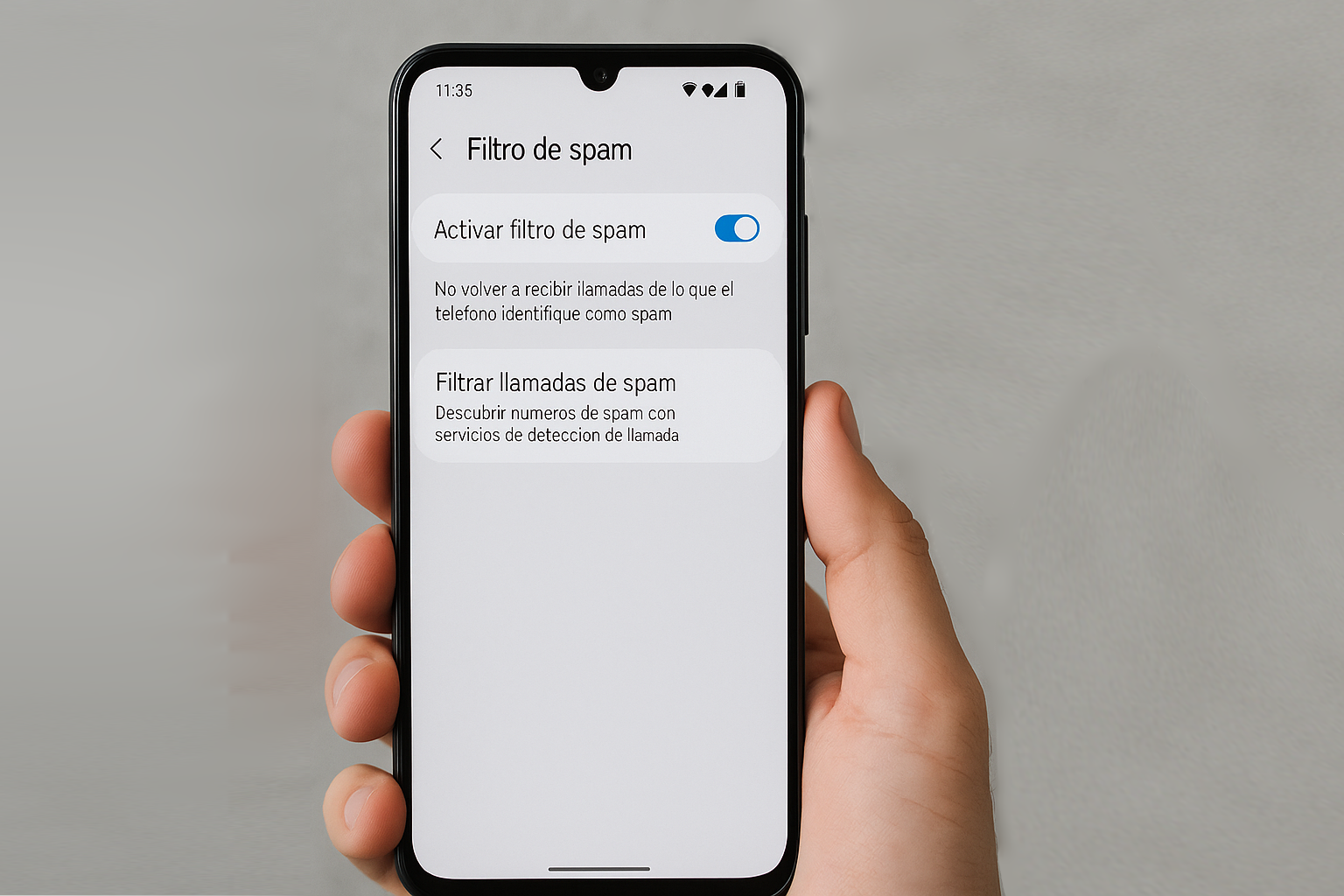 Teléfono móvil mostrando la configuración para activar el filtro de spam. Foto: Guía de Seguridad Móvil