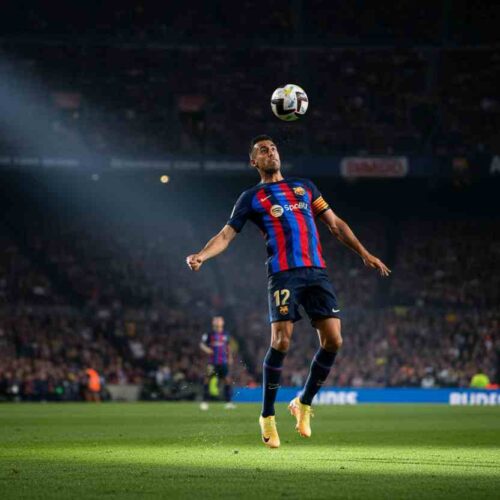 Busquets se despidió con gratitud tras casi 1,000 partidos y 32 títulos con el Barça y España. Ilustración IA.