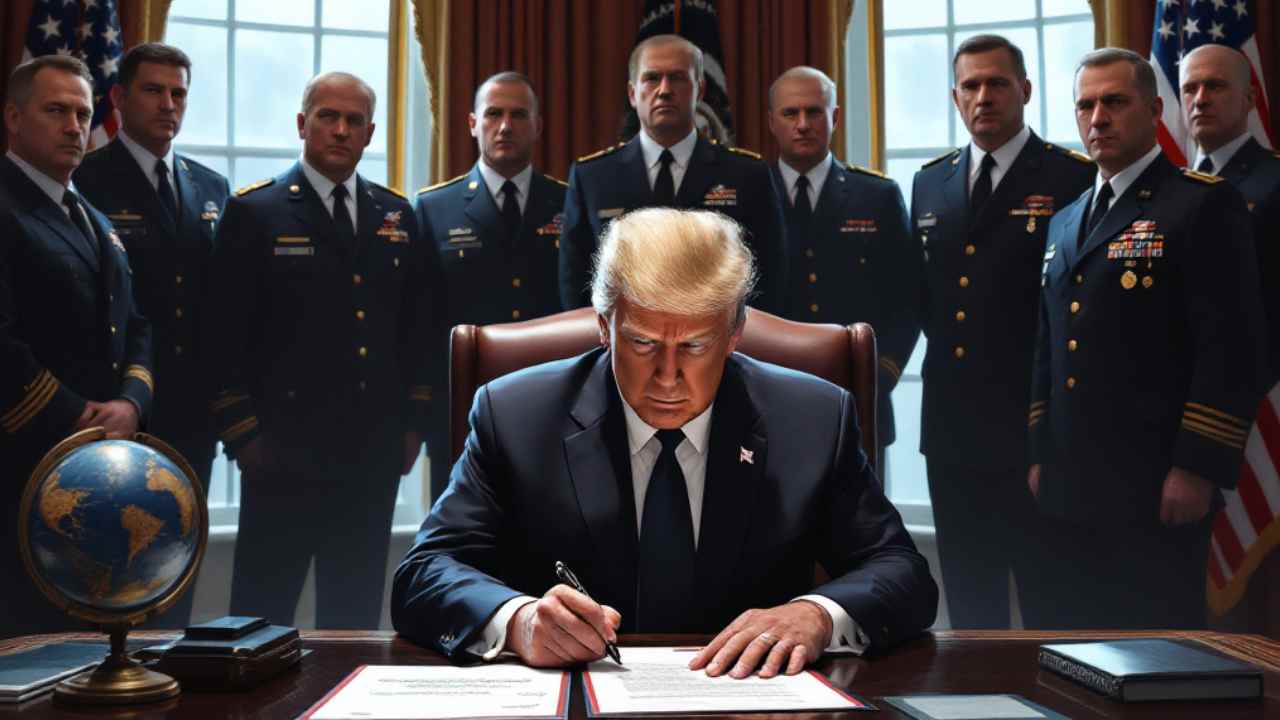Trump firma el decreto que revive el Departamento de Guerra y autoriza el derribo de aviones venezolanos, en un acto que redefine la postura militar de EE. UU. Ilustración IA