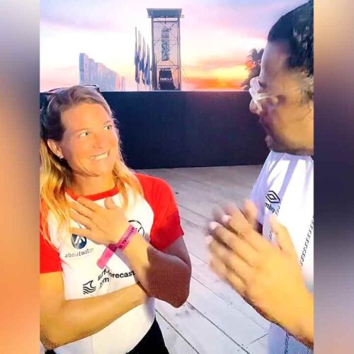 Marlene, surfista austriaca, disfruta las olas del Sunzal y el calor humano salvadoreño en el ISA World Surfing Games 2025. ¡Bienvenida!