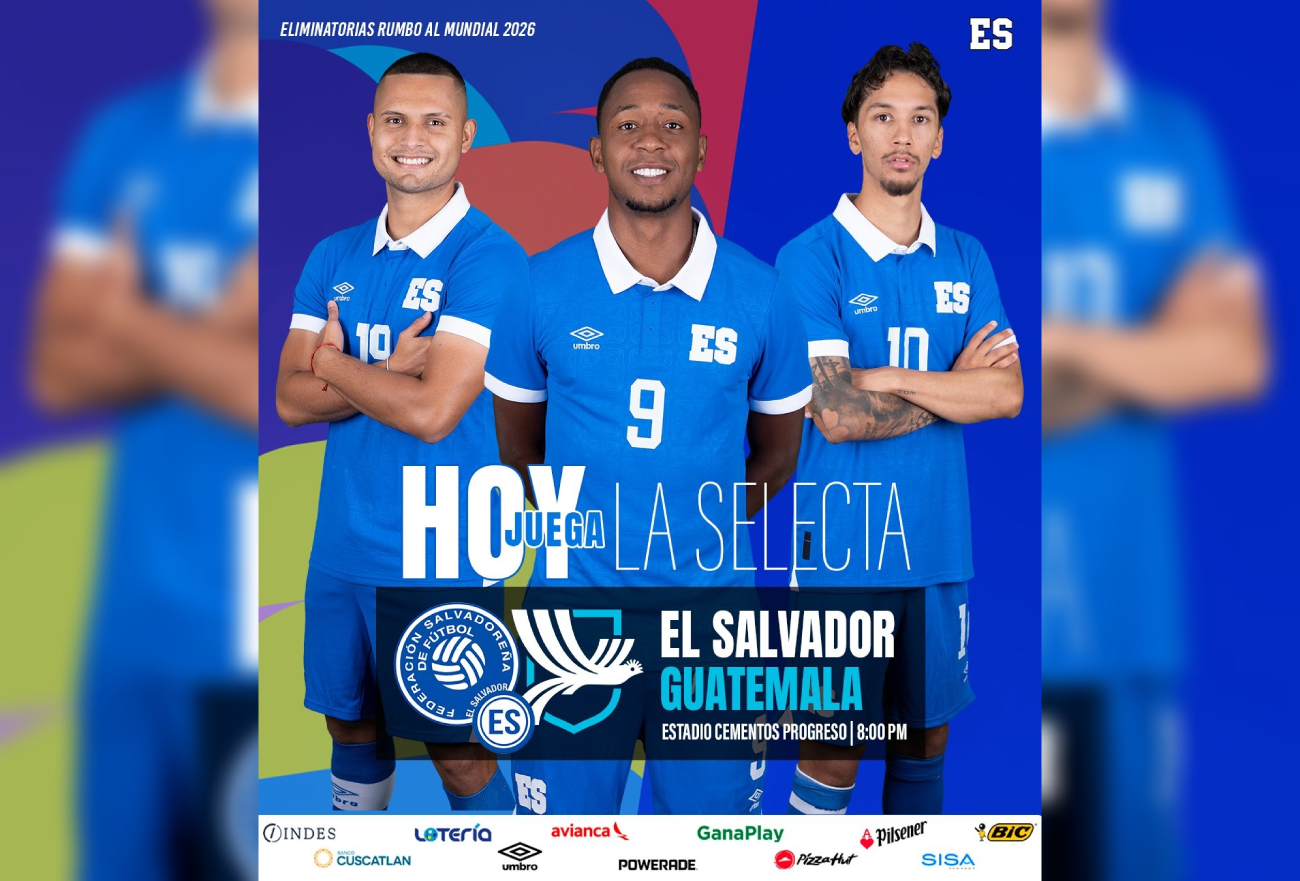 Jugadores de La Selecta con los dorsales 10 y 9, unidos y con los brazos cruzados, bajo el lema: "HOY JUEGA LA SELECTA". Foto: @LaSelecta_SLV.