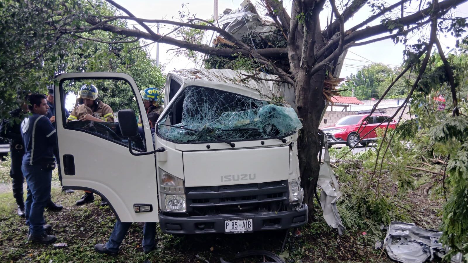 Un camión queda destruido tras chocar contra un árbol en la Panamericana, Cojutepeque, después de que el conductor se durmiera al volante. Foto: @PNCSV.