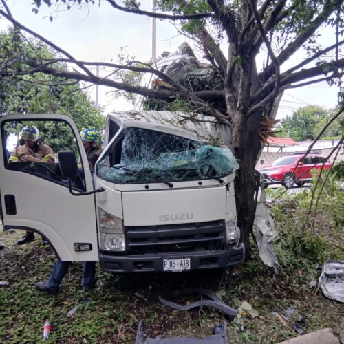 Un camión queda destruido tras chocar contra un árbol en la Panamericana, Cojutepeque, después de que el conductor se durmiera al volante. Foto: @PNCSV.