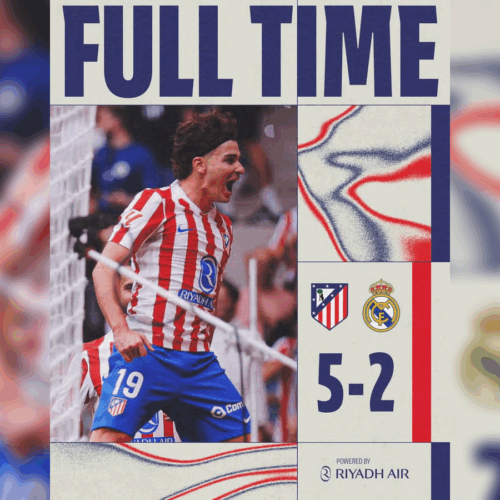 Julián Álvarez celebra uno de sus goles durante el derbi madrileño, donde el Atlético de Madrid goleó 5-2 al Real Madrid. Foto: Cortesía.