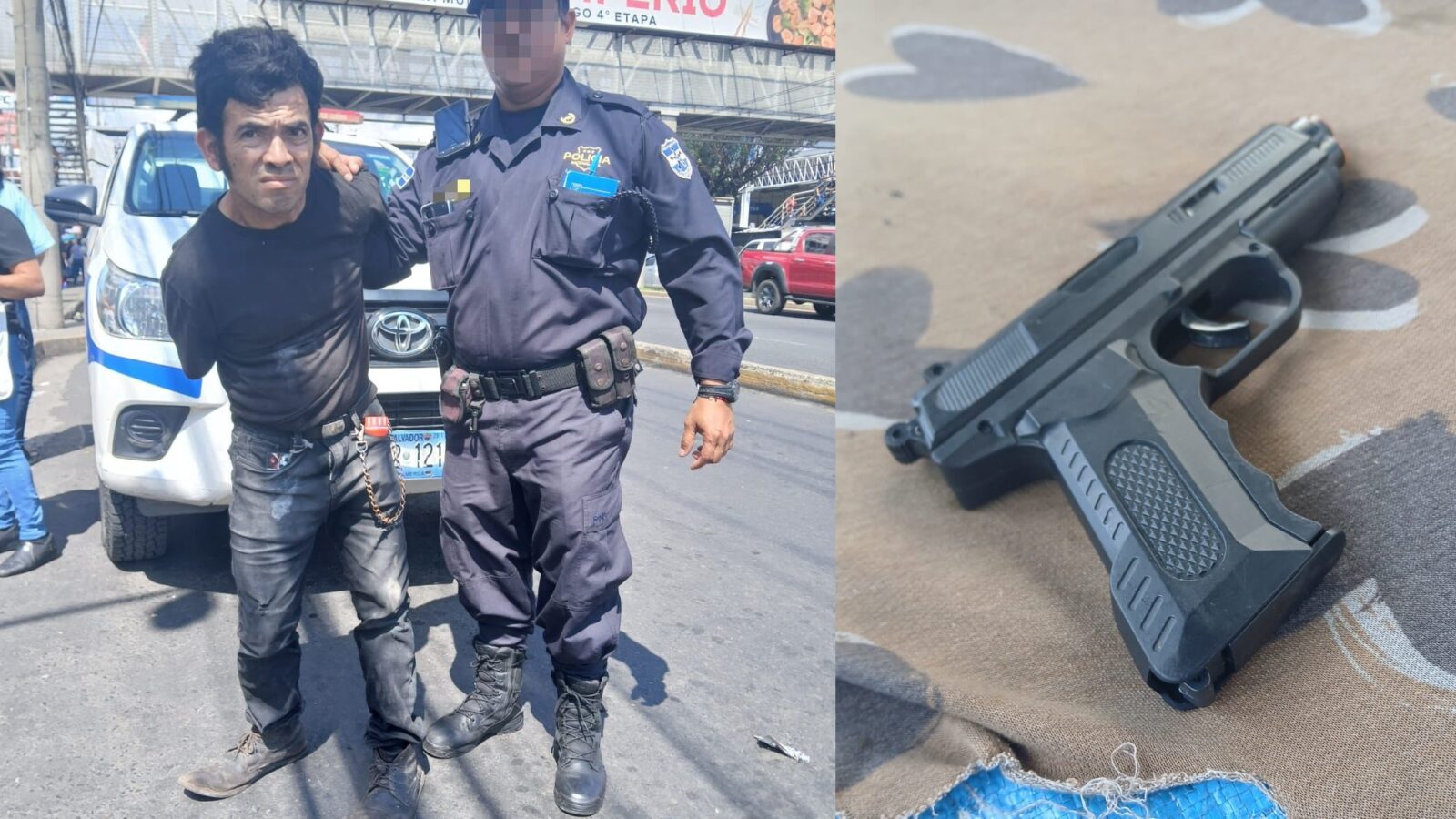Agente de la Policía Nacional Civil con el detenido que amenazaba a ciudadanos con un arma de plástico. Foto: @PNCSV.