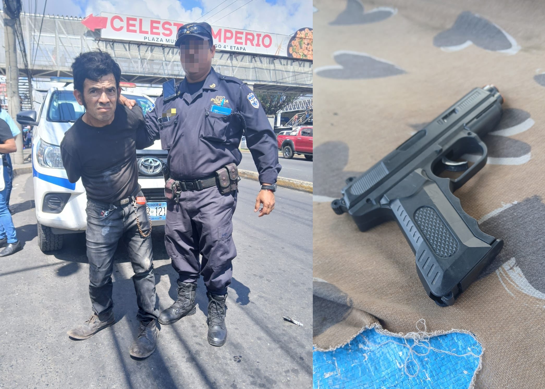 Agente de la Policía Nacional Civil con el detenido que amenazaba a ciudadanos con un arma de plástico. Foto: @PNCSV.