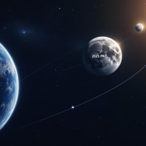 Representación artística de un cuasi-satélite como 2025 PN7, que acompaña a la Tierra en su órbita alrededor del Sol. Foto: Ilustración.