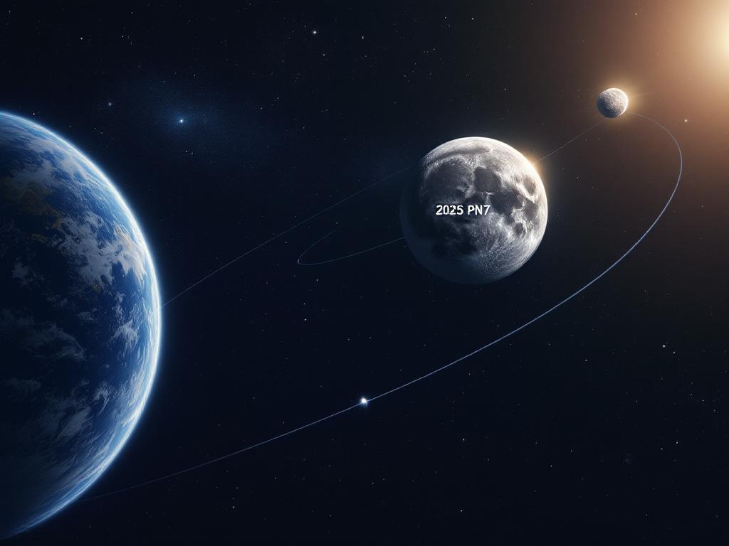 Representación artística de un cuasi-satélite como 2025 PN7, que acompaña a la Tierra en su órbita alrededor del Sol. Foto: Ilustración.