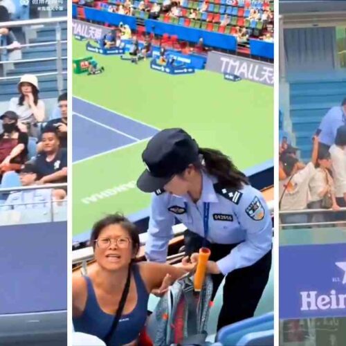 MUJER EBRIA. Un incidente inusual en el Rolex Shanghai Masters 2024 pone en el foco la etiqueta en eventos deportivos. Una espectadora, bajo los efectos del alcohol, desafió las normas y fue expulsada. Capturas de pantalla.