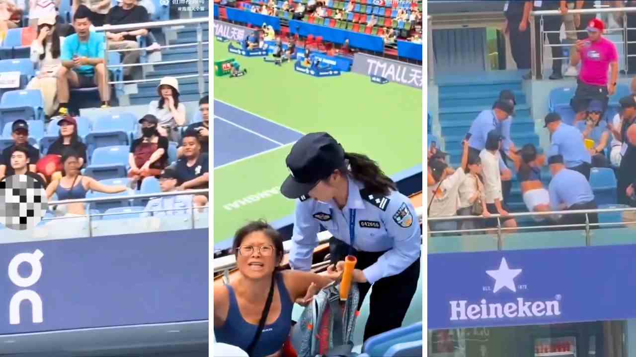 MUJER EBRIA. Un incidente inusual en el Rolex Shanghai Masters 2024 pone en el foco la etiqueta en eventos deportivos. Una espectadora, bajo los efectos del alcohol, desafió las normas y fue expulsada. Capturas de pantalla.