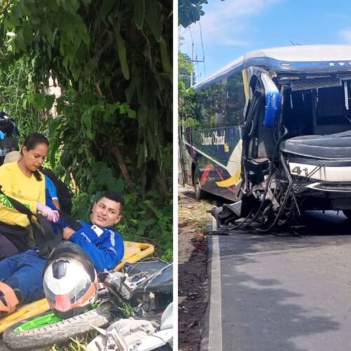 Un bus de SEISA colisionó con un motociclista y una maquinaria en el km 361½ de la carretera a Santa Ana, dejando lesionados y daños materiales. Cortesía.