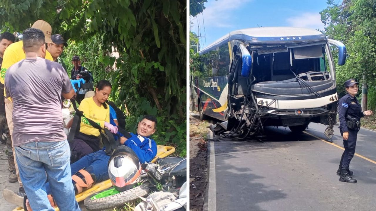 Un bus de SEISA colisionó con un motociclista y una maquinaria en el km 361½ de la carretera a Santa Ana, dejando lesionados y daños materiales. Cortesía.