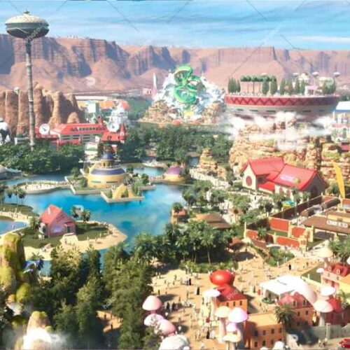 Arte conceptual del primer parque temático Dragon Ball del mundo que se construye en Riad, Arabia Saudita. Tendrá una montaña rusa de 70m con la figura de Shenron.