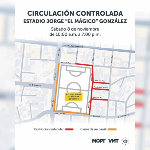Mapa de circulación controlada alrededor del Estadio Jorge "El Mágico" González este sábado 8 de noviembre, de 10:00 a.m. a 7:00 p.m. Foto: VMT