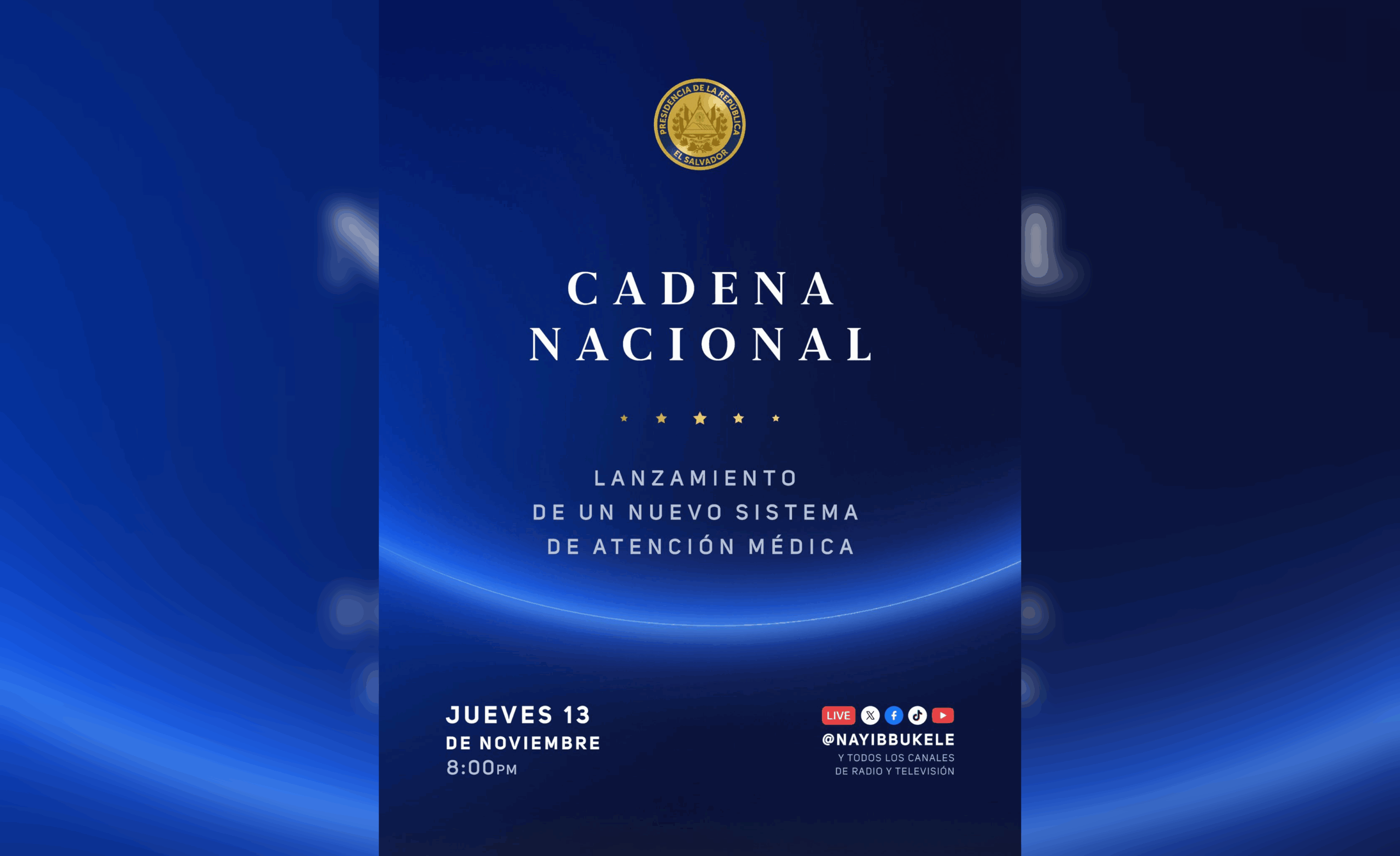 El presidente Nayib Bukele durante la cadena nacional por el lanzamiento del nuevo sistema de atención médica en el Hospital Rosales. Foto: @Nayibbukele.