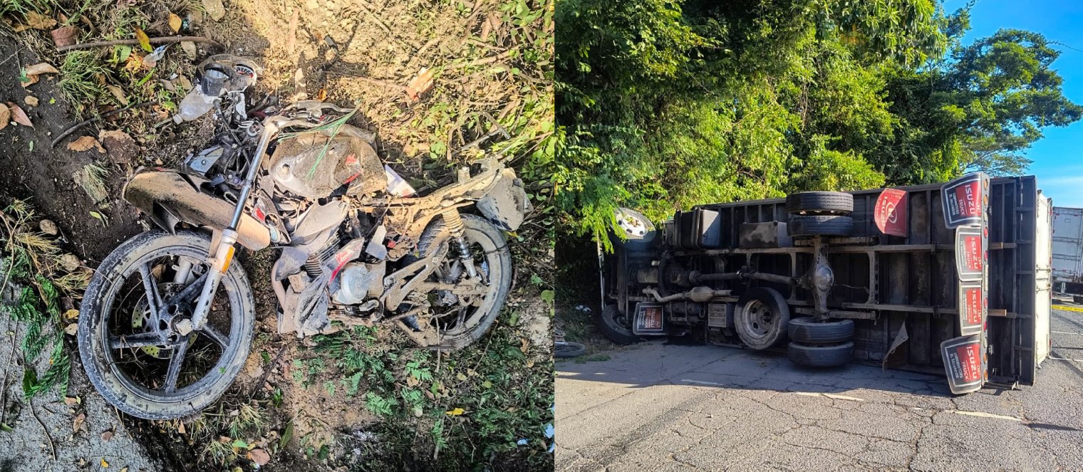 Accidente en el km 156 de la Ruta Militar, Morazán, donde un motociclista perdió la vida tras ser embestido por un camión. Solo un carril habilitado. Foto: PNCSV.