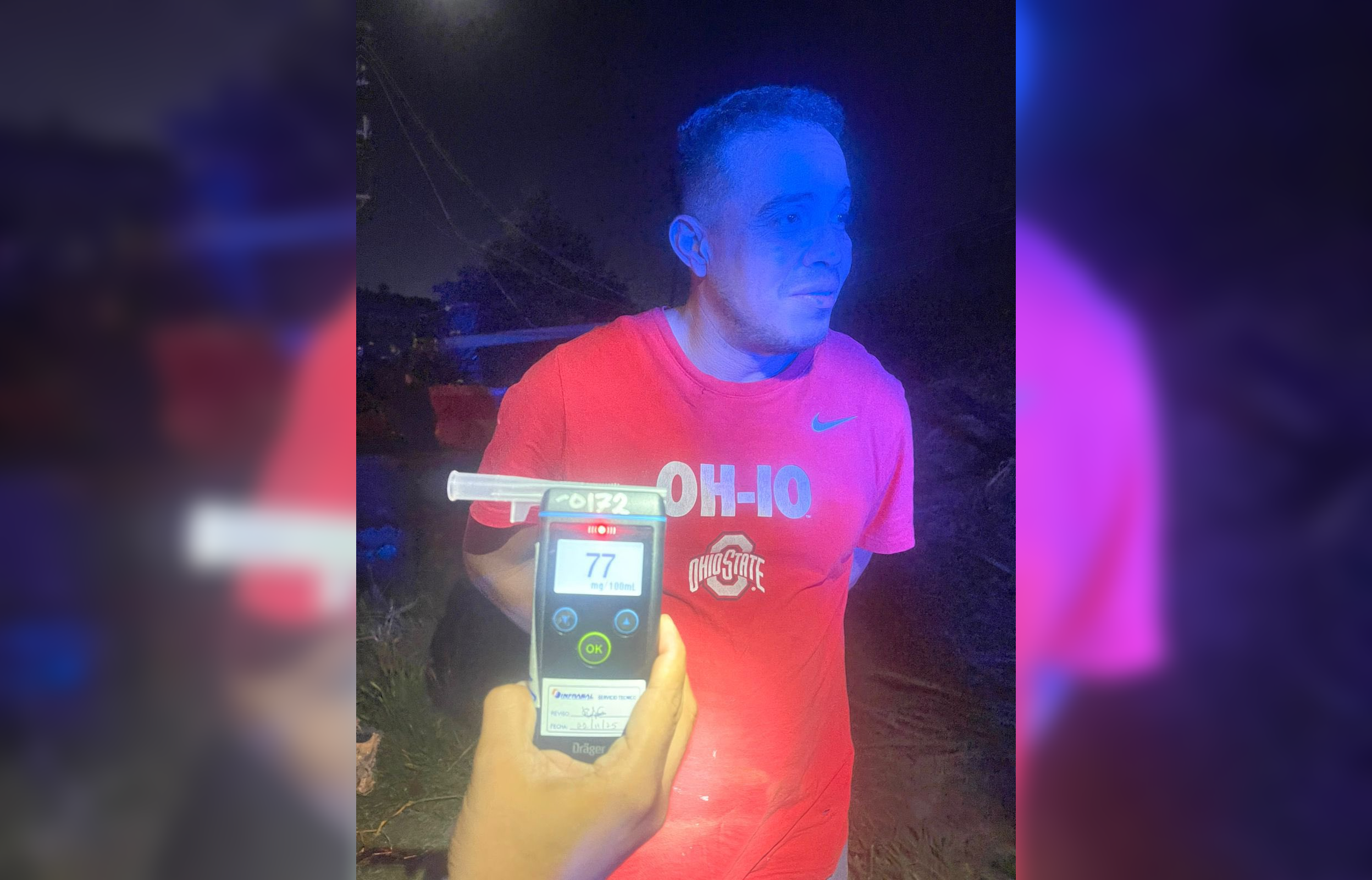 La PNC capturó a Eric Jesús Arosemena Mallett, de 35 años y nacionalidad panameña, tras registrar 77° de alcohol en una prueba de alcoholemia. El hecho ocurrió en el km 6 ½ de la carretera a Oro, Ilopango. Será procesado por conducción peligrosa. Foto: PNCSV.