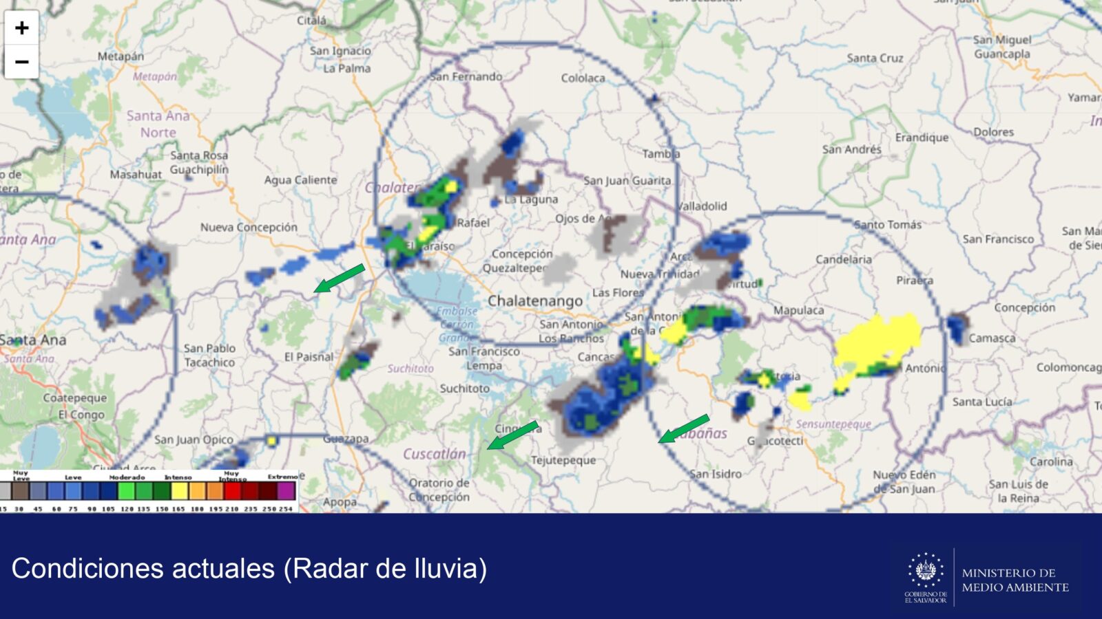 Mapa del Ministerio de Medio Ambiente muestra lluvias intensas en Chalatenango, Cabañas y norte de San Salvador. Se prevé desplazamiento hacia el suroeste. Foto: @MedioAmbienteSV.