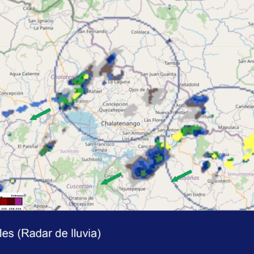 Mapa del Ministerio de Medio Ambiente muestra lluvias intensas en Chalatenango, Cabañas y norte de San Salvador. Se prevé desplazamiento hacia el suroeste. Foto: @MedioAmbienteSV.