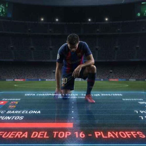 El panorama es crítico. Tras caer goleado, el Barcelona se ubica en el puesto 15 de la Fase Liga y queda virtualmente fuera del Top 16 con pase directo. Necesitan un milagro de 9 puntos para salvar la temporada europea. Ilustración IA