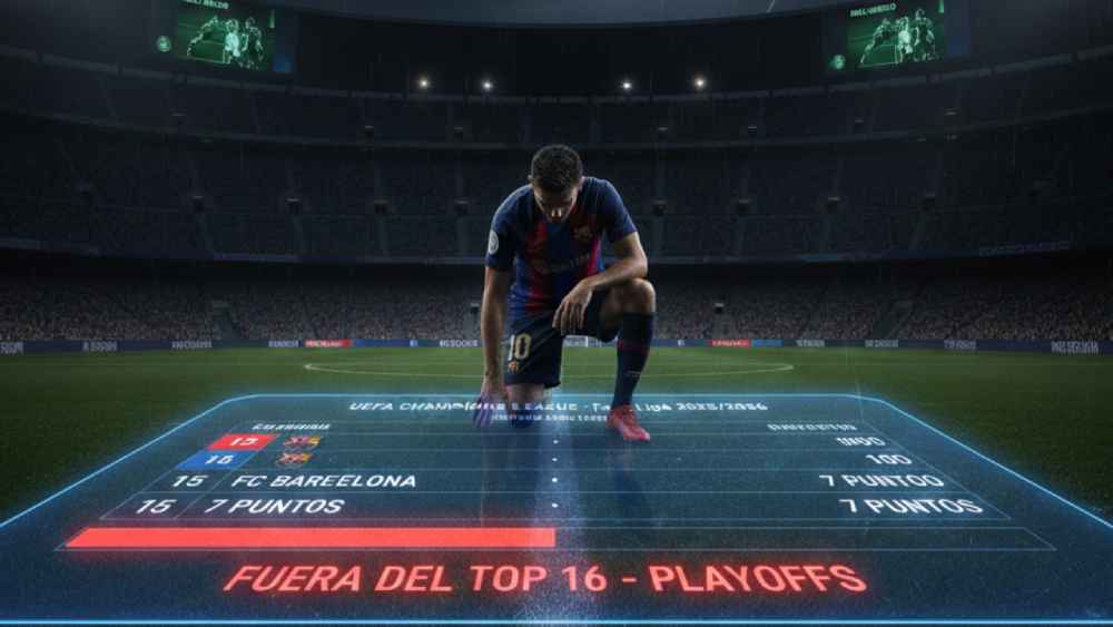 El panorama es crítico. Tras caer goleado, el Barcelona se ubica en el puesto 15 de la Fase Liga y queda virtualmente fuera del Top 16 con pase directo. Necesitan un milagro de 9 puntos para salvar la temporada europea. Ilustración IA