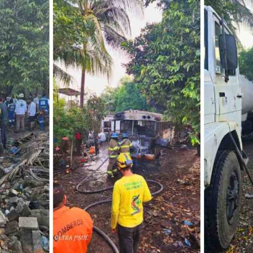 Un bus de la ruta 108 quedó completamente calcinado tras un incendio en la carretera a San Juan Opico. Autoridades investigan las causas del siniestro. Foto: Comandos de Salvamento