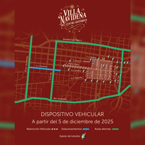 A partir del 5 de diciembre de 2025, el Centro Histórico de San Salvador implementará un dispositivo vehicular para garantizar la movilidad segura durante la Villa Navideña 2025. Conoce las rutas y restricciones. Foto: VMT.