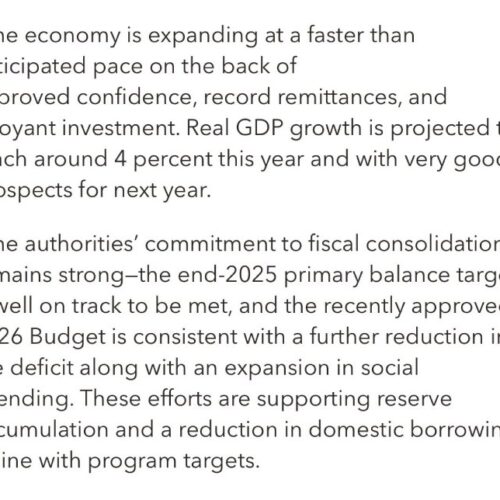 El FMI proyecta que el crecimiento económico de El Salvador alcanzará el 4 % este año, impulsado por remesas récord y una inversión boyante. Foto: @Nayibbukele.