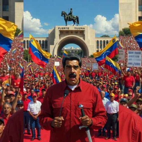 Maduro ignora el ultimátum de Trump y grita “¡Jamás me sacarán!” en mitin masivo. EE.UU. cierra espacio aéreo y despliega buques. ¿Se acerca el fin del chavismo o una nueva crisis en América Latina? Ilustración IA