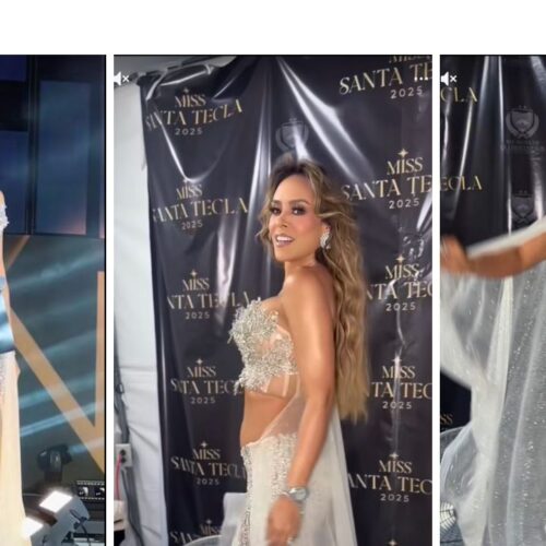 El diseño de Jesus Alvarenga, elegante y osado, fue calificado por ella misma como su "primer modelito" de la noche. Captura de pantalla.