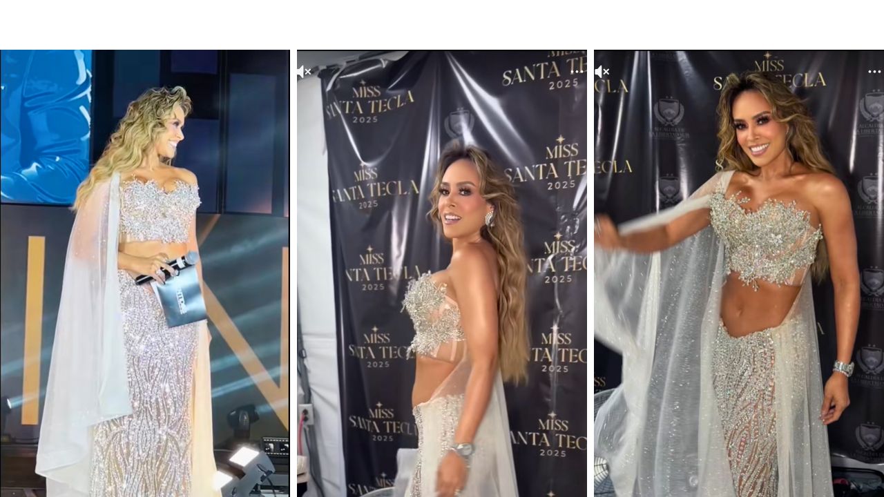 El diseño de Jesus Alvarenga, elegante y osado, fue calificado por ella misma como su "primer modelito" de la noche. Captura de pantalla.