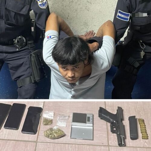 La PNC capturó en flagrancia a Matías Vladimir Martínez en La Libertad Oeste, vinculado a un homicidio reciente. El sujeto también traficaba drogas y portaba un arma sin registrar, lo que agrava su situación legal. Foto: PNC