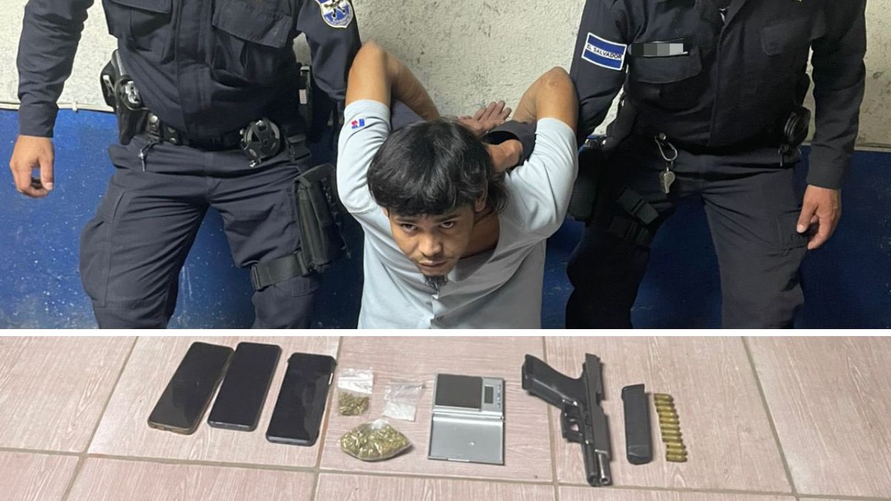 La PNC capturó en flagrancia a Matías Vladimir Martínez en La Libertad Oeste, vinculado a un homicidio reciente. El sujeto también traficaba drogas y portaba un arma sin registrar, lo que agrava su situación legal. Foto: PNC