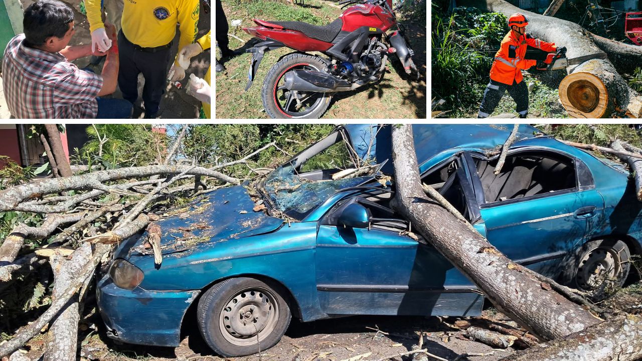 Una emergencia en San Salvador Este: dos personas resultaron heridas y un vehículo terminó destrozado después de que un árbol cae sobre moto en Tonacatepeque. Conoce los detalles del rescate y las recomendaciones de las autoridades. Fotos: Protección Civil