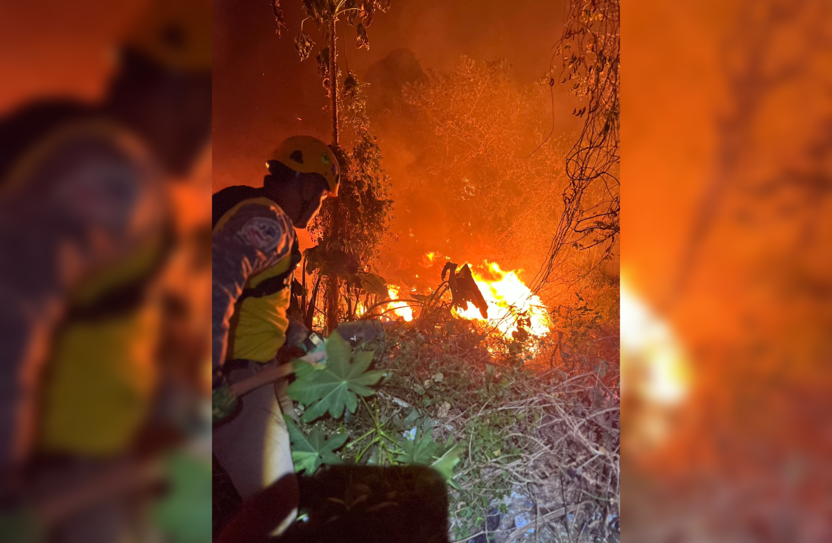 Diversas instituciones de socorro trabajan para sofocar un fuerte incendio que se originó en un basurero de Santiago de María, afectando dos manzanas de maleza. Fofo: @BomberosSV.
