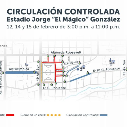 El Viceministerio de Transporte (VMT) implementará restricciones viales los días 12, 14 y 15 de febrero en los alrededores del Estadio "El Mágico" González por el concierto de Shakira. Conoce las rutas afectadas. Foto: @VMTElSalvador.
