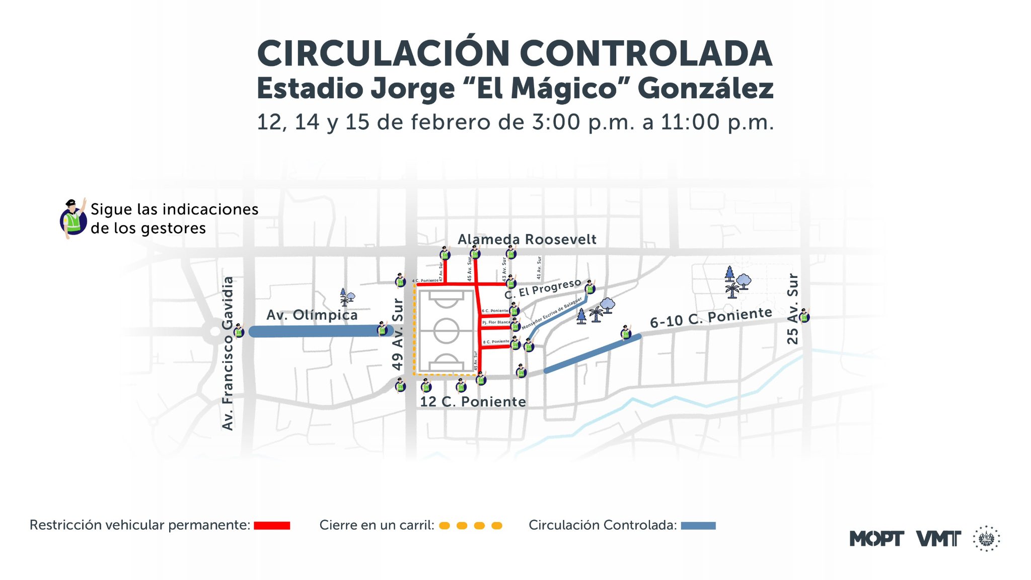 El Viceministerio de Transporte (VMT) implementará restricciones viales los días 12, 14 y 15 de febrero en los alrededores del Estadio "El Mágico" González por el concierto de Shakira. Conoce las rutas afectadas. Foto: @VMTElSalvador.