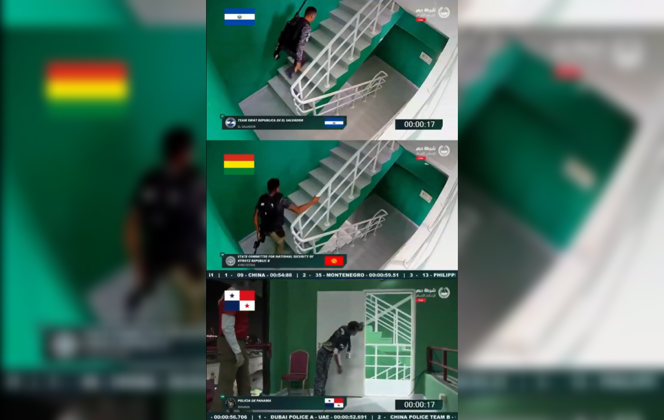 La Policía Nacional Civil (PNC) de El Salvador destacó en el UAE SWAT Challenge 2026 en Dubái, compitiendo contra las mejores unidades de operaciones especiales del mundo. Los agentes demostraron tácticas avanzadas y coordinación en pruebas de alto nivel. Foto: Cortesía.