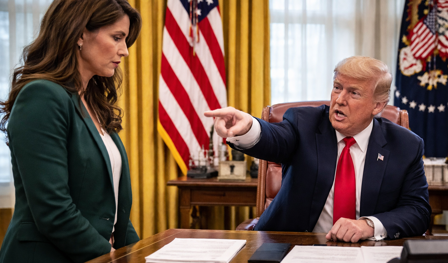 Donald Trump despide a Kristi Noem del DHS al estilo "The Apprentice". El senador Markwayne Mullin será su relevo en el #GabineteDeTrump. Conoce los detalles del polémico cambio. Foto: Ilustración.