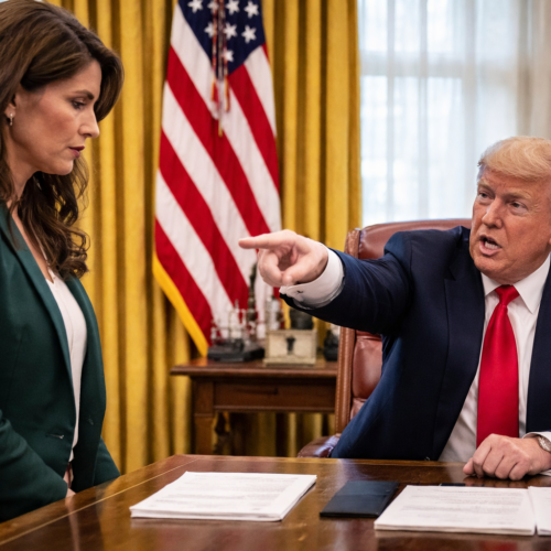 Donald Trump despide a Kristi Noem del DHS al estilo "The Apprentice". El senador Markwayne Mullin será su relevo en el #GabineteDeTrump. Conoce los detalles del polémico cambio. Foto: Ilustración.