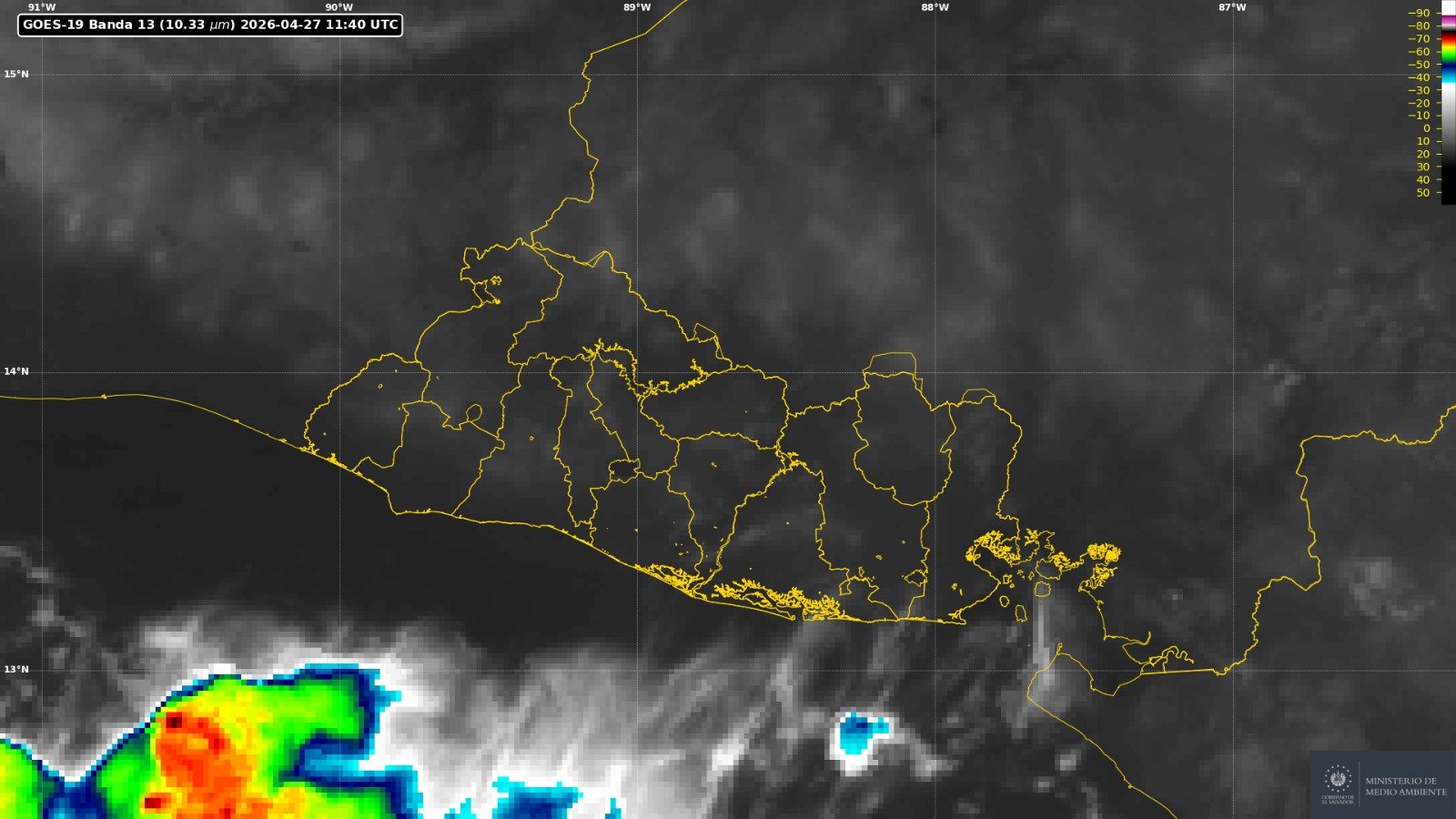 El Ministerio de Medio Ambiente pronostica temperaturas de hasta 39°C para este lunes 27 de abril en El Salvador. Ambiente caluroso, brumoso y sin lluvias. Foto: MARN.
